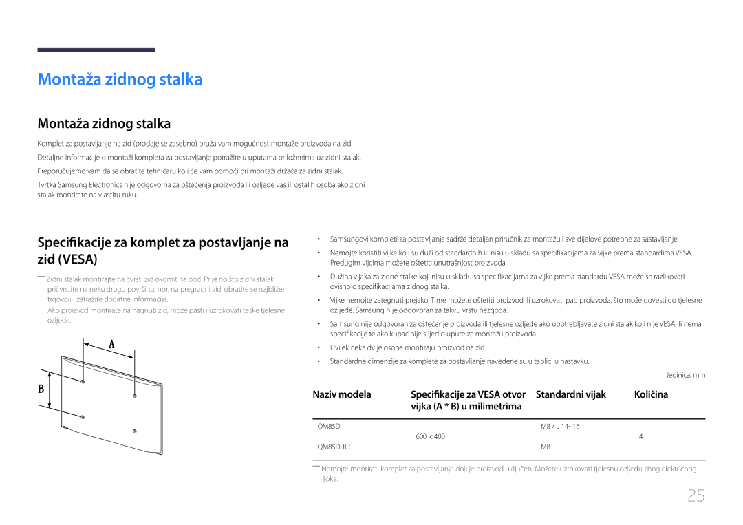 Samsung LH85QMDRTBC/EN, LH85QMDPLGC/EN manual Montaža zidnog stalka, Specifikacije za komplet za postavljanje na zid Vesa 