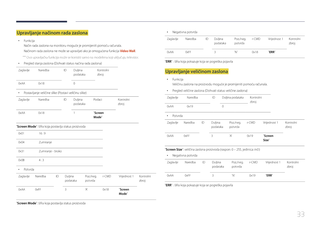 Samsung LH85QMDRTBC/EN manual Upravljanje načinom rada zaslona, Pregled stanja zaslona Dohvati status načina rada zaslona 