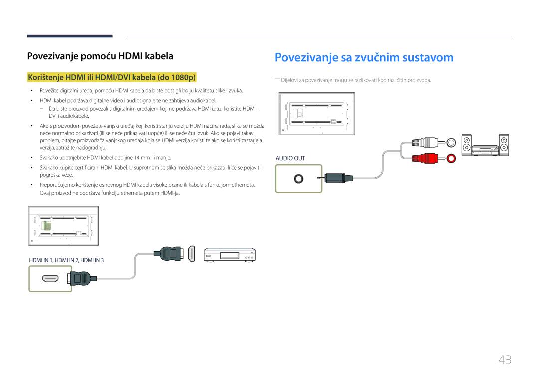 Samsung LH85QMDRTBC/EN, LH85QMDPLGC/EN manual Povezivanje sa zvučnim sustavom, Korištenje Hdmi ili HDMI/DVI kabela do 1080p 