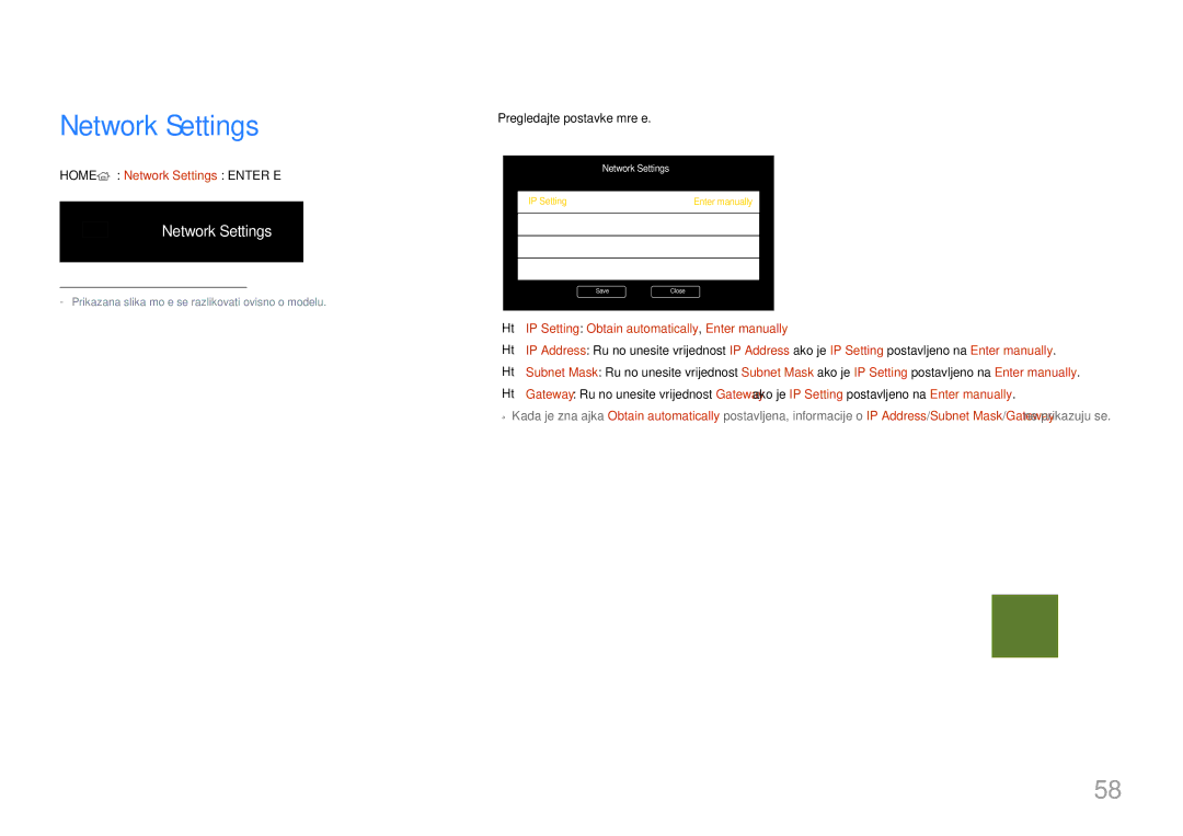 Samsung LH85QMDPLGC/EN, LH85QMDRTBC/EN manual Home → Network Settings→ Enter E, Pregledajte postavke mreže 