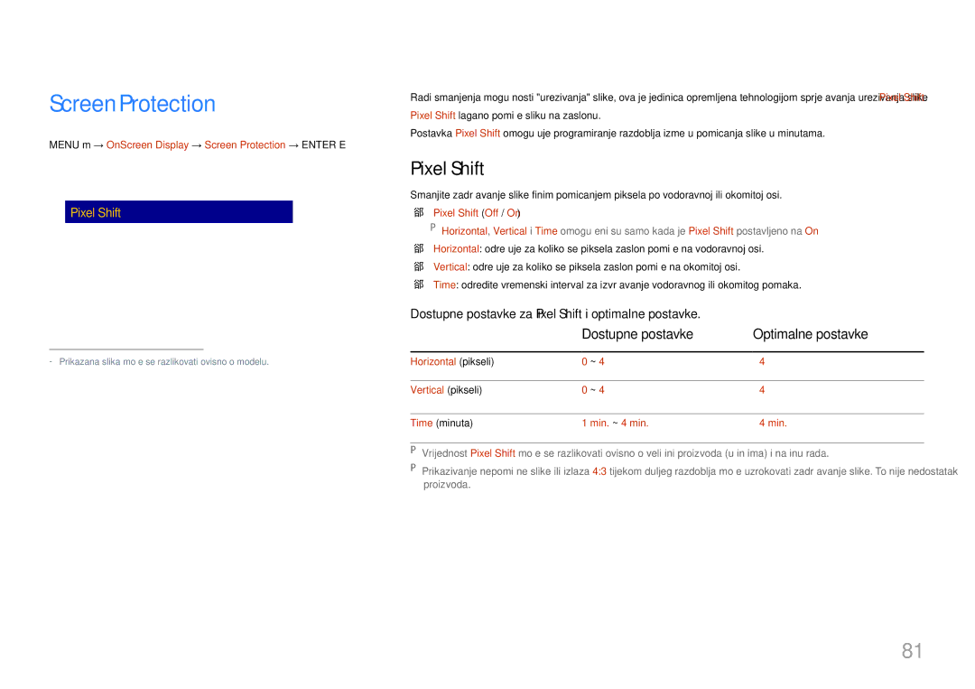 Samsung LH85QMDRTBC/EN, LH85QMDPLGC/EN manual Screen Protection, Pixel Shift, Dostupne postavke Optimalne postavke 