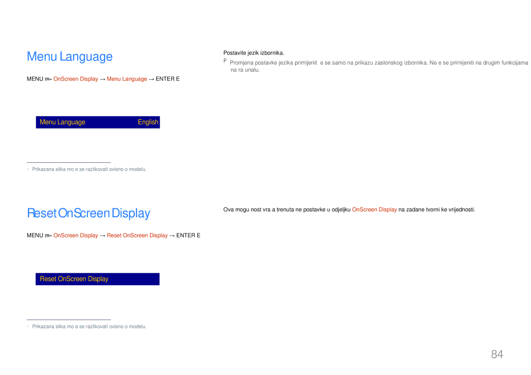 Samsung LH85QMDPLGC/EN, LH85QMDRTBC/EN Reset OnScreen Display, Menu m → OnScreen Display → Menu Language → Enter E 