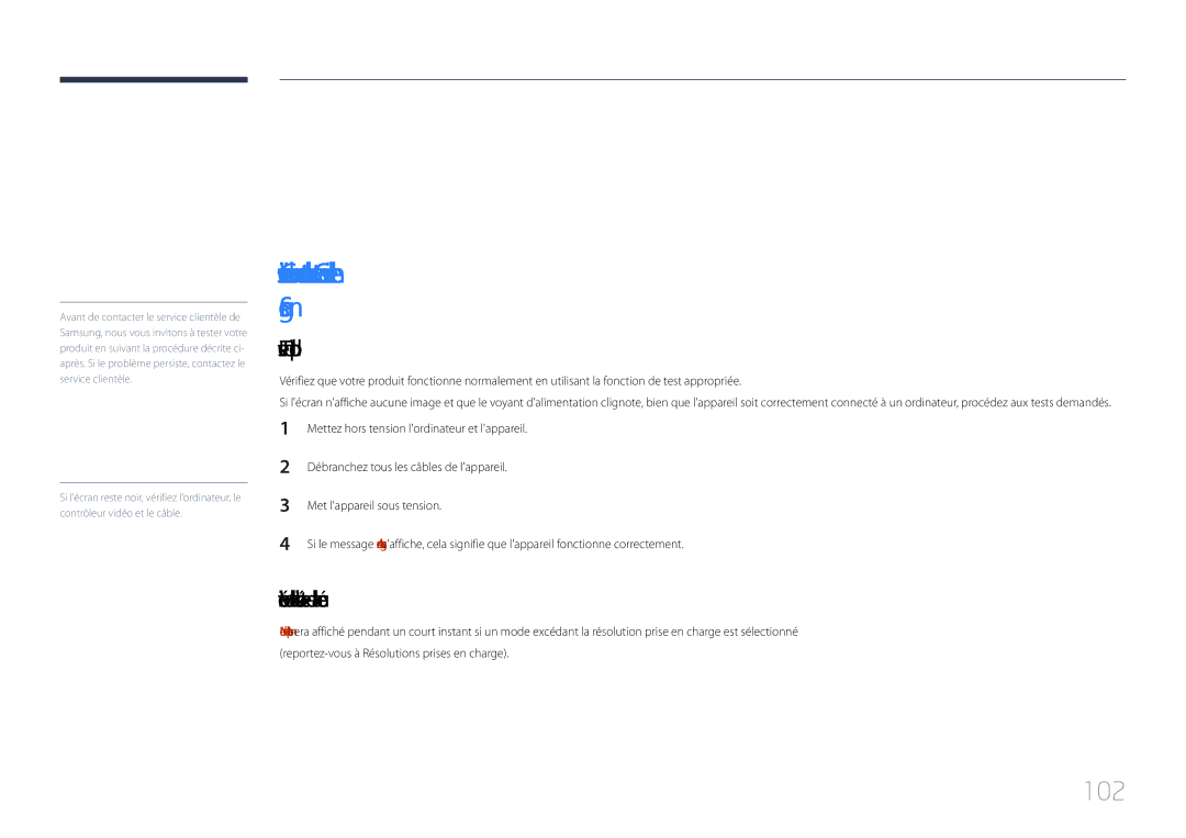 Samsung LH85QMDPLGC/EN manual Guide de dépannage, 102, Test du produit, Vérification de la résolution et de la fréquence 