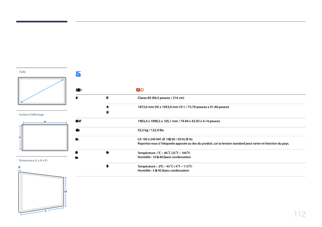 Samsung LH85QMDPLGC/EN manual Caractéristiques techniques, 112 