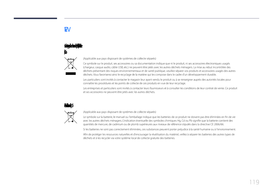 Samsung LH85QMDPLGC/EN manual 119, Elimination des batteries de ce produit 