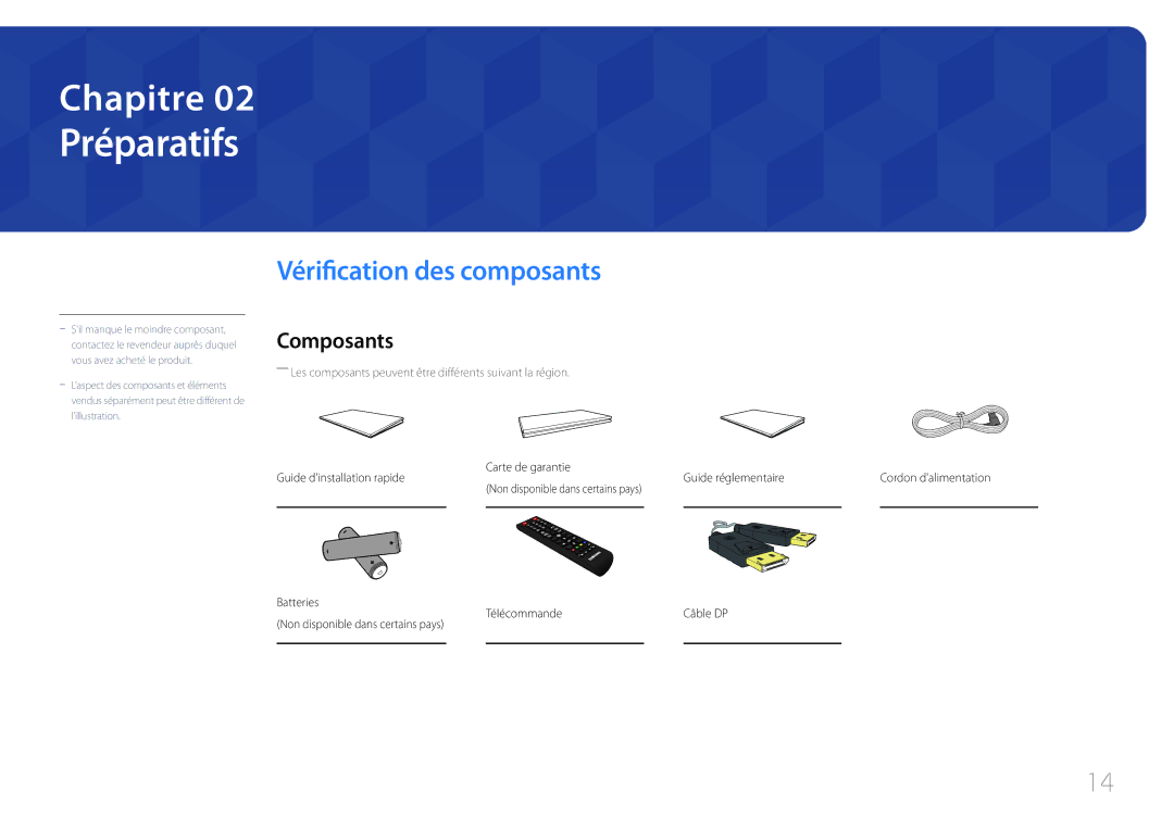 Samsung LH85QMDPLGC/EN manual Préparatifs, Vérification des composants, Composants, Carte de garantie Guide réglementaire 