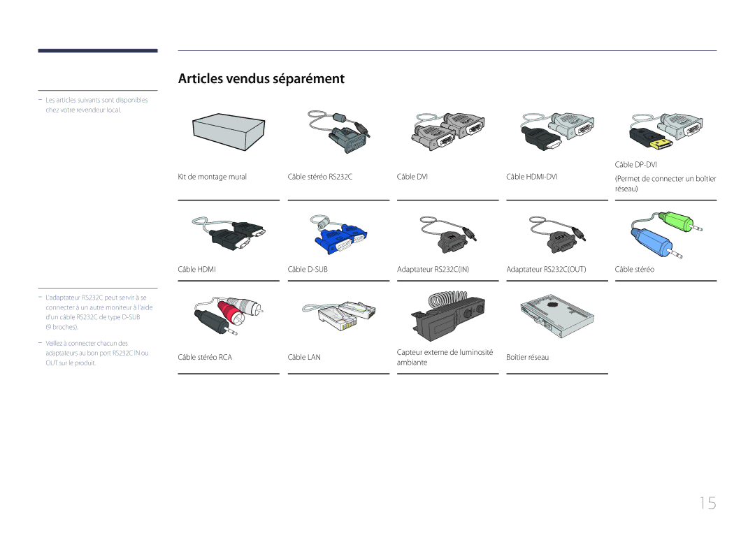 Samsung LH85QMDPLGC/EN manual Articles vendus séparément, Câble DP-DVI, Boîtier réseau 