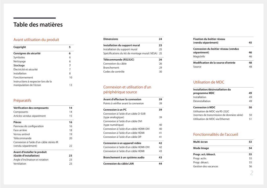 Samsung LH85QMDPLGC/EN manual Table des matières 