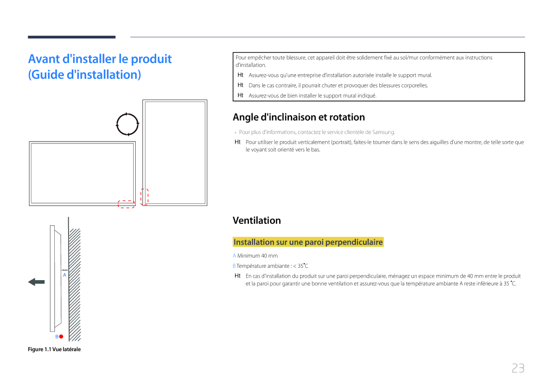 Samsung LH85QMDPLGC/EN manual Angle dinclinaison et rotation, Ventilation, Installation sur une paroi perpendiculaire 