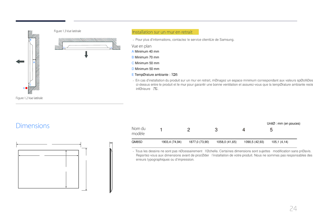 Samsung LH85QMDPLGC/EN manual Dimensions, ―Installation―sur un mur en retrait, Vue en plan, Nom du Modèle 