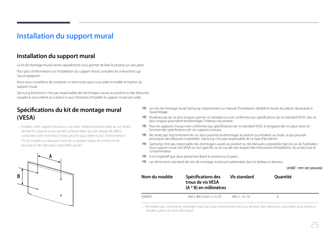 Samsung LH85QMDPLGC/EN manual Installation du support mural, Spécifications du kit de montage mural Vesa 