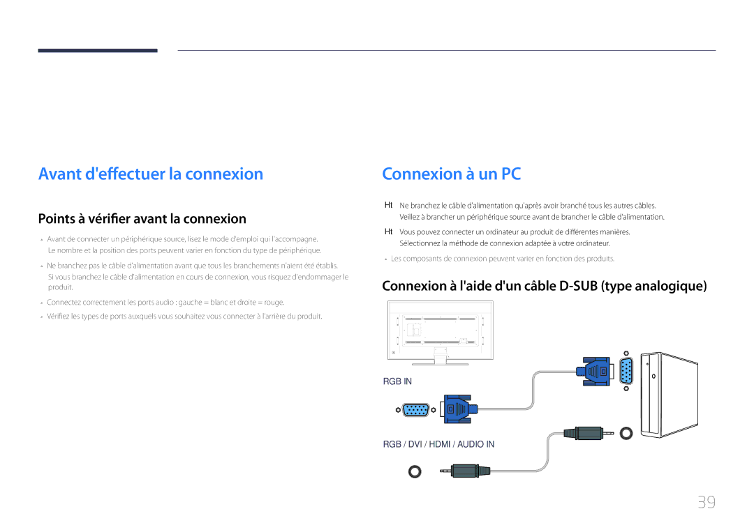 Samsung LH85QMDPLGC/EN Connexion et utilisation dun périphérique source, Avant deffectuer la connexion, Connexion à un PC 