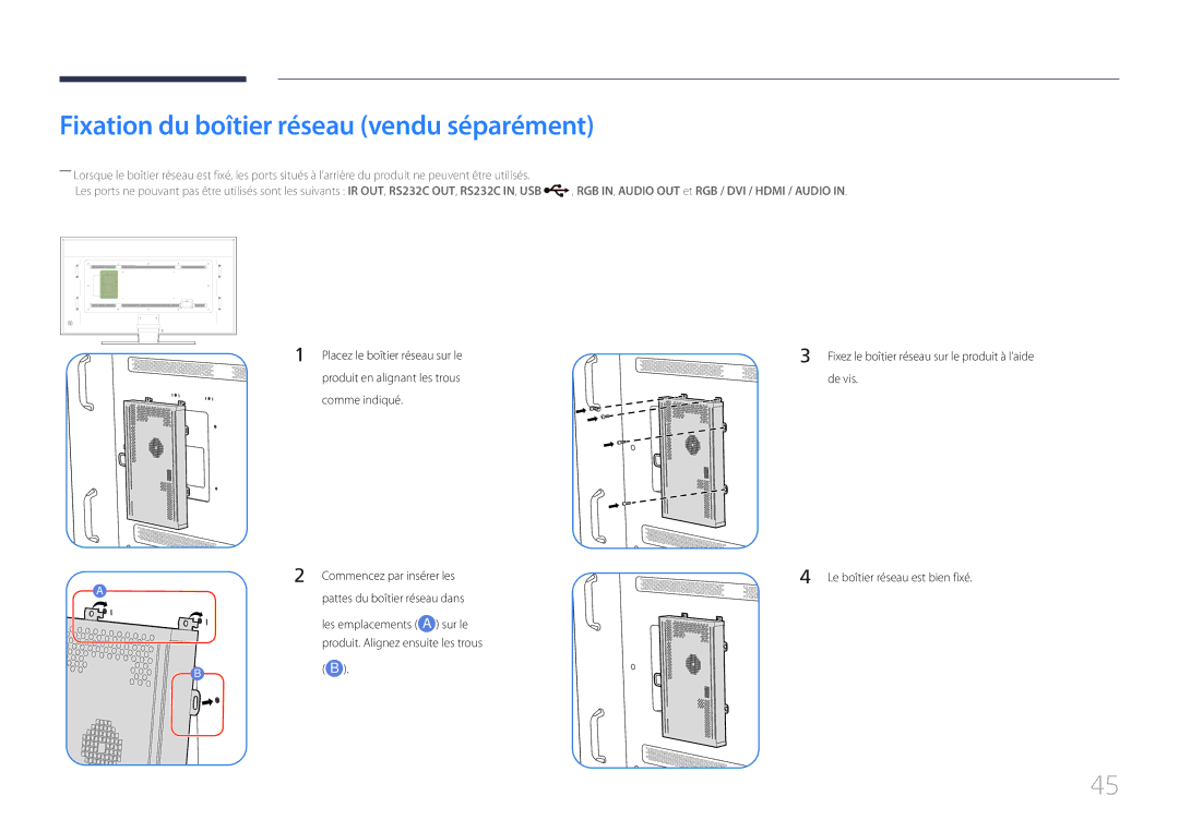 Samsung LH85QMDPLGC/EN manual Fixation du boîtier réseau vendu séparément 