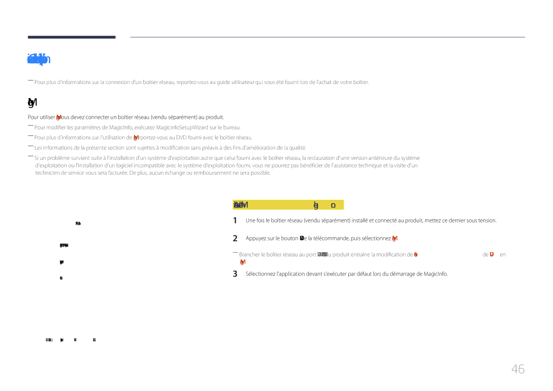 Samsung LH85QMDPLGC/EN manual Connexion du boîtier réseau vendus séparément, Activation du mode MagicInfo 