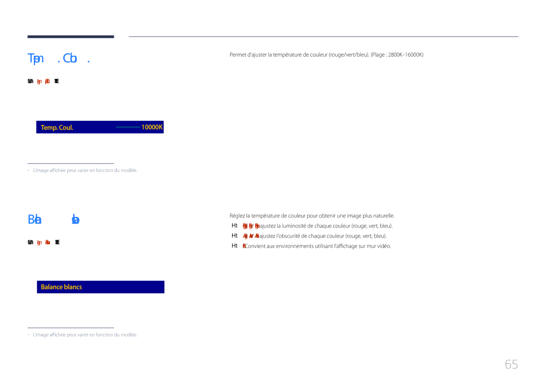 Samsung LH85QMDPLGC/EN manual Balance blancs, Menu m → Image → Temp. Coul. → Enter E 