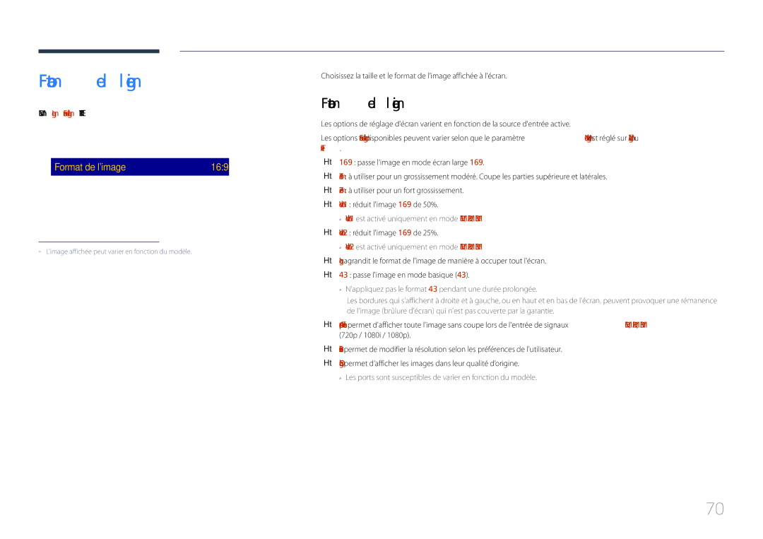 Samsung LH85QMDPLGC/EN manual · Zoom/Position Résolution, Menu m → Image → Format de limage → Enter E 