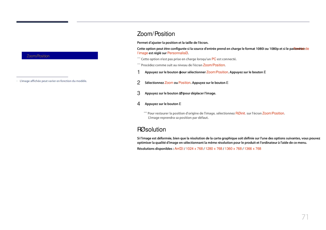 Samsung LH85QMDPLGC/EN manual Zoom/Position, Résolution, Format de limage 