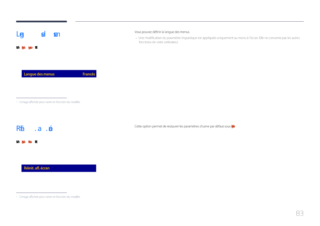 Samsung LH85QMDPLGC/EN manual Réinit. aff. écran, Menu m → Affichage à lécran → Langue des menus → Enter E 