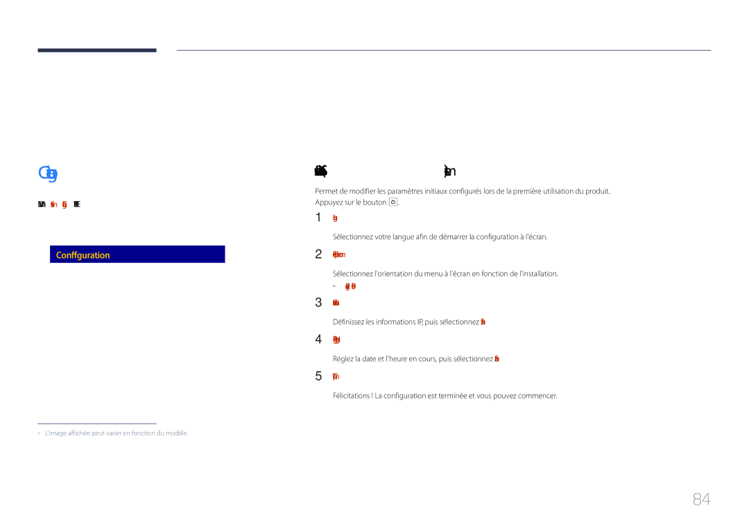 Samsung LH85QMDPLGC/EN manual Configuration, Paramètres initiaux Système, Heure Source MagicInfo 