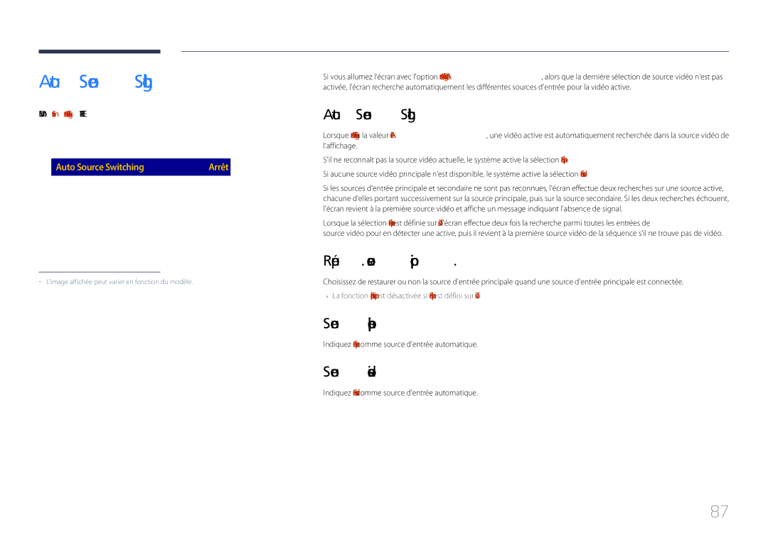 Samsung LH85QMDPLGC/EN manual Auto Source Switching, Récup. source princip, Source principale, Source secondaire 