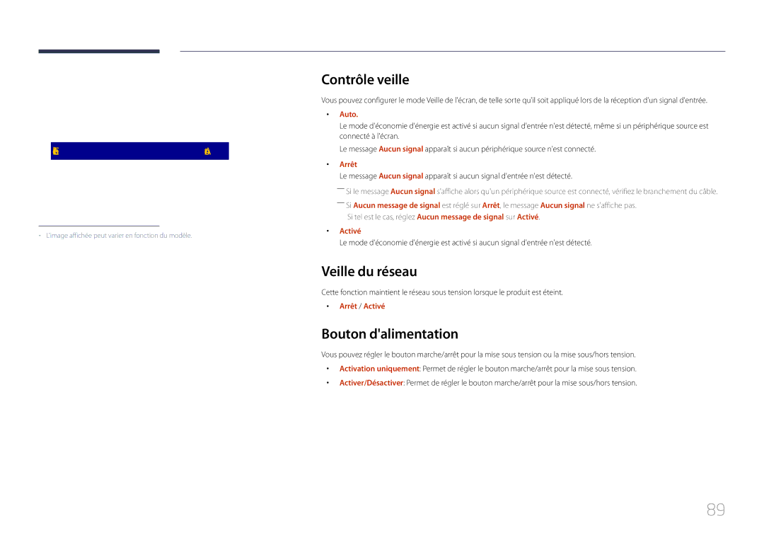 Samsung LH85QMDPLGC/EN manual Contrôle veille, Bouton dalimentation, Marche auto Arrêt, Veille du réseau Arrêt 