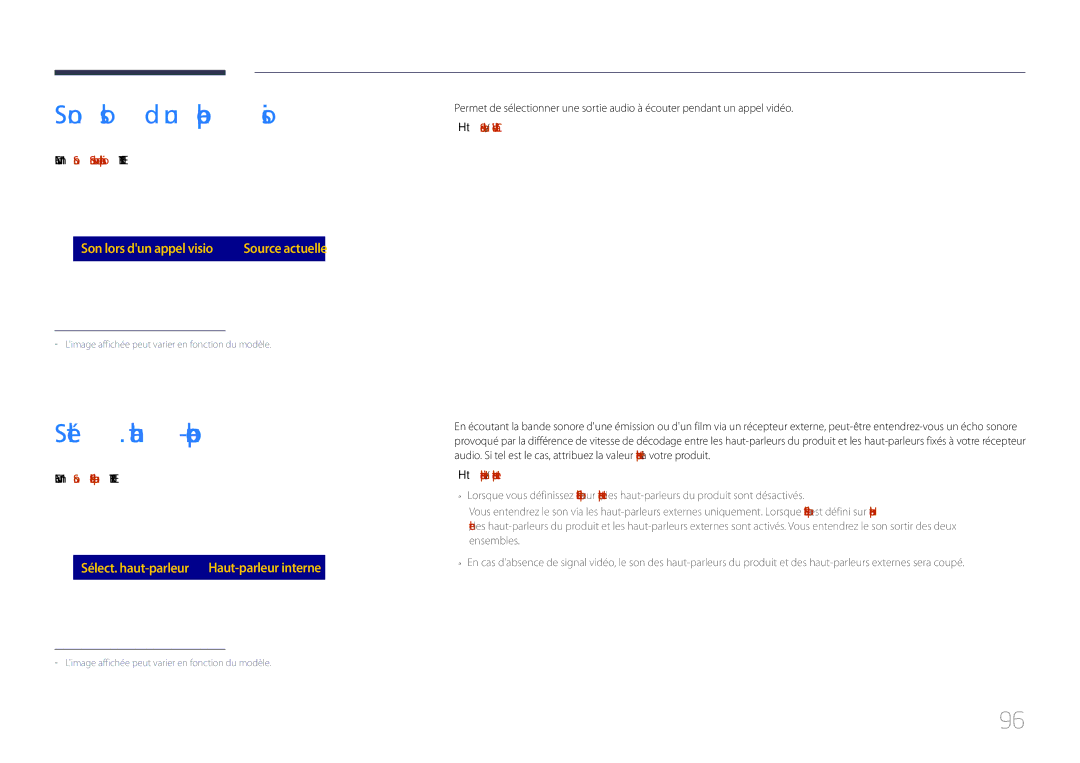 Samsung LH85QMDPLGC/EN manual Son lors dun appel visio, Sélect. haut-parleur 