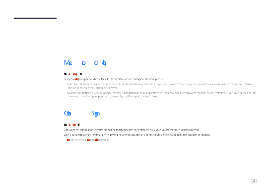 Samsung LH85QMDPLGC/EN manual Assistance, Mise à jour du logiciel, Contacter Samsung 