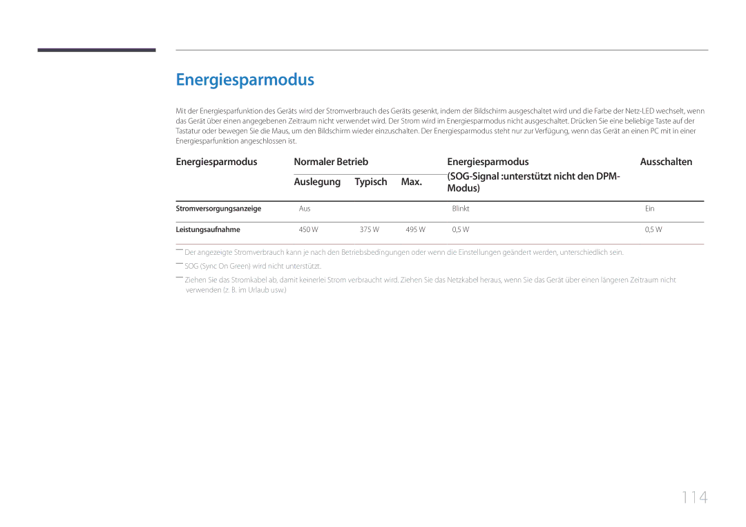 Samsung LH85QMDPLGC/EN manual 114, Energiesparmodus Normaler Betrieb Ausschalten, Auslegung Typisch Max Modus 