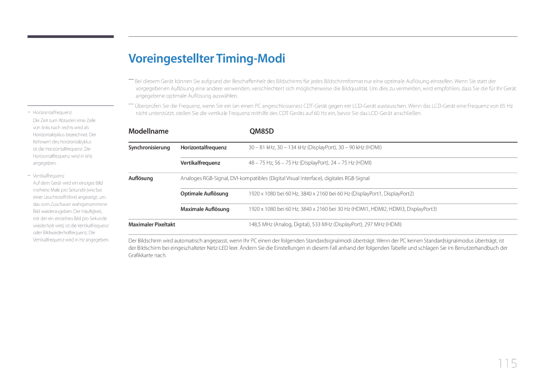 Samsung LH85QMDPLGC/EN manual Voreingestellter Timing-Modi, 115 