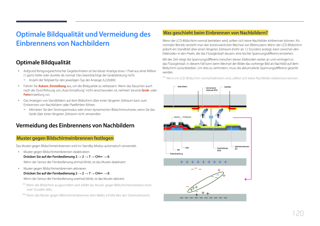 Samsung LH85QMDPLGC/EN manual 120, Optimale Bildqualität, Vermeidung des Einbrennens von Nachbildern 