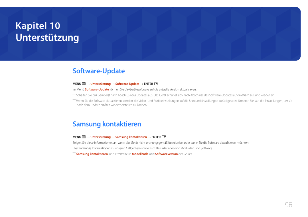 Samsung LH85QMDPLGC/EN manual Unterstützung, Software-Update, Samsung kontaktieren 