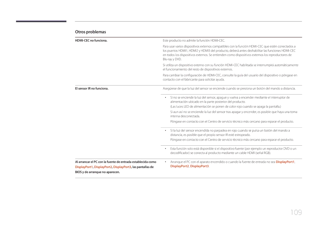 Samsung LH85QMDPLGC/EN manual 109, HDMI-CEC no funciona, El sensor IR no funciona, DisplayPort2, DisplayPort3 