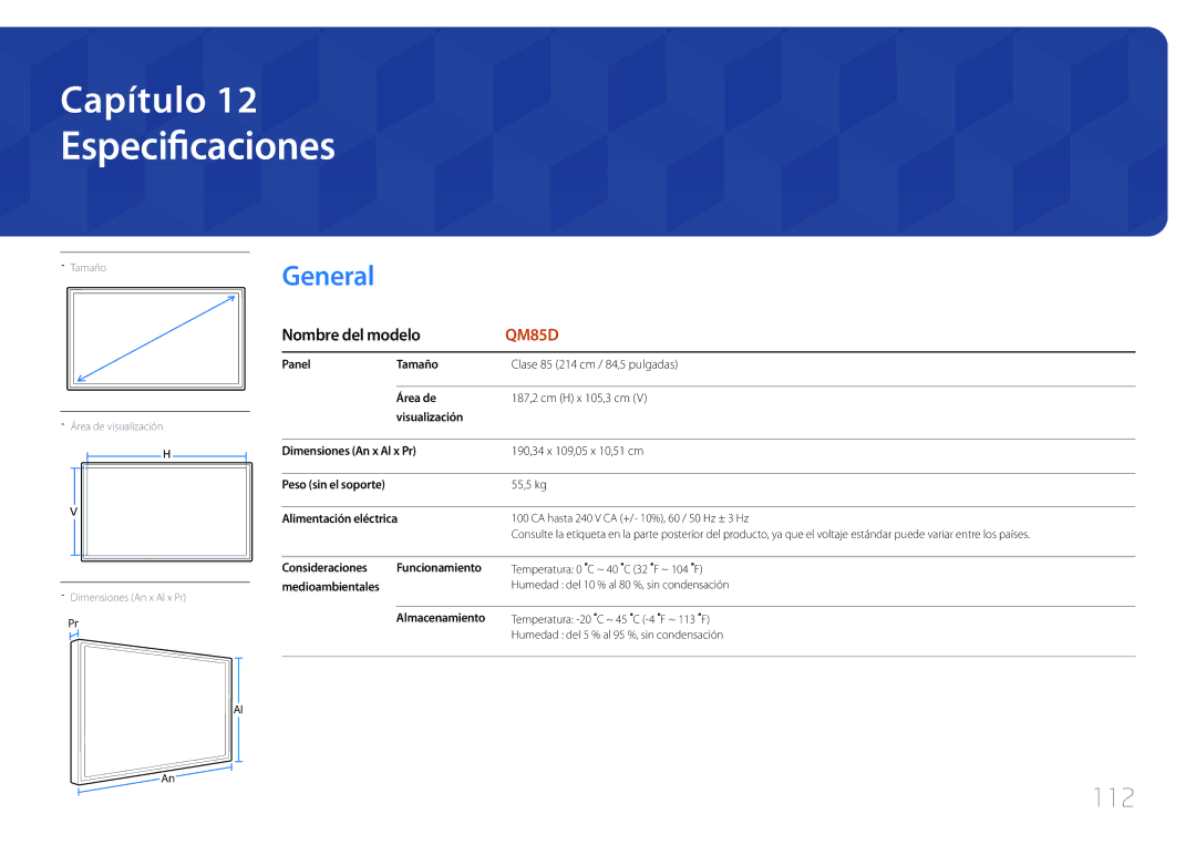 Samsung LH85QMDPLGC/EN manual Especificaciones, 112 