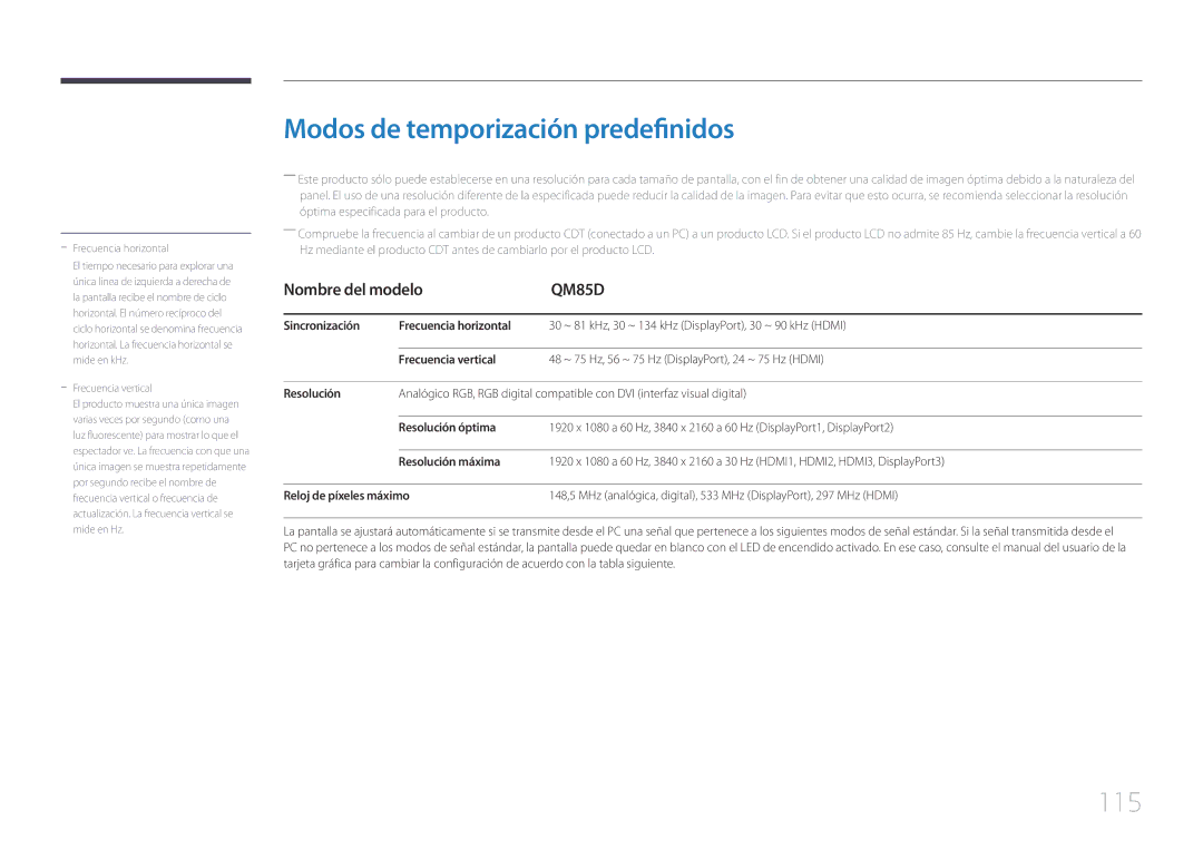 Samsung LH85QMDPLGC/EN manual Modos de temporización predefinidos, 115 