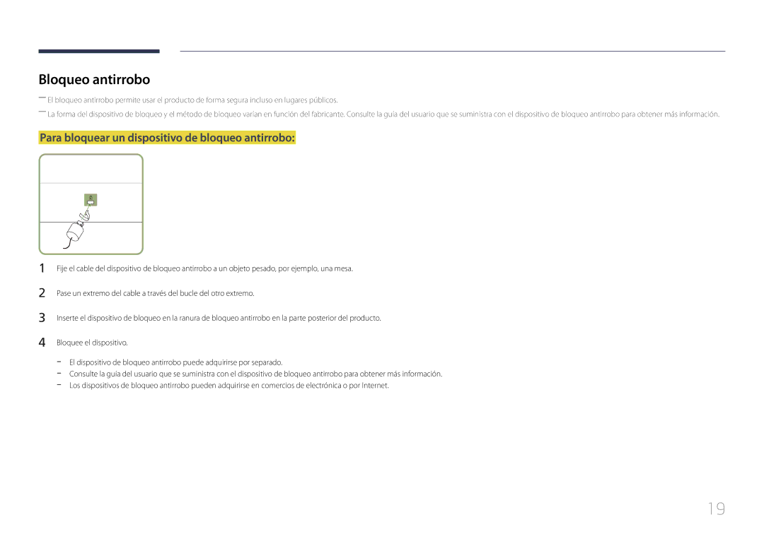 Samsung LH85QMDPLGC/EN manual Bloqueo antirrobo, Para bloquear un dispositivo de bloqueo antirrobo 