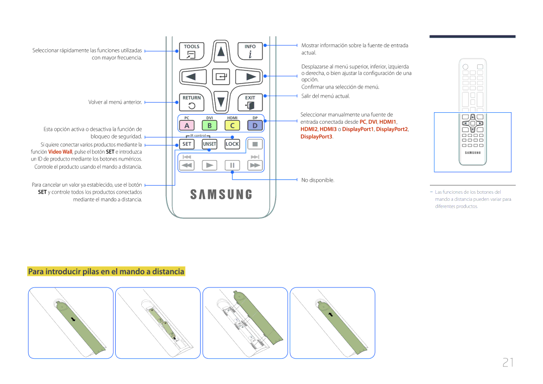 Samsung LH85QMDPLGC/EN manual Para introducir pilas en el mando a distancia, Con mayor frecuencia Volver al menú anterior 