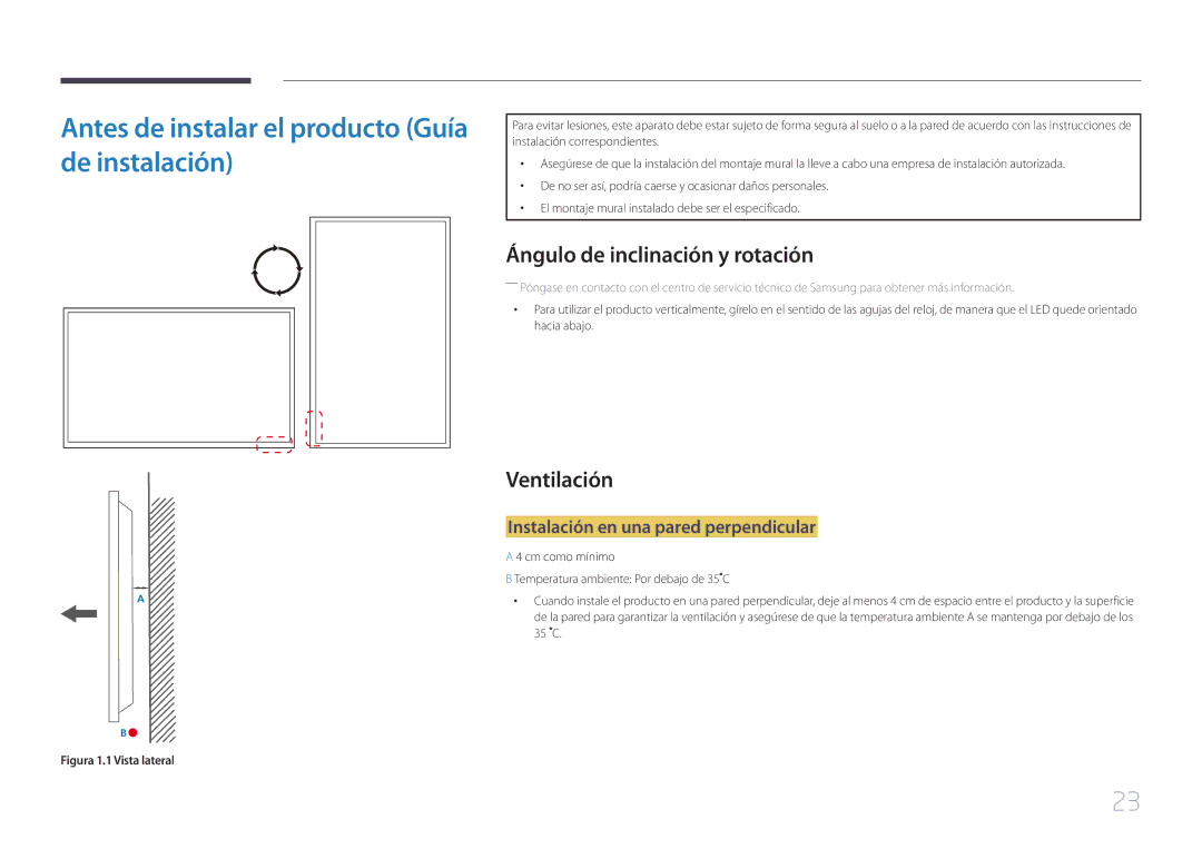 Samsung LH85QMDPLGC/EN Antes de instalar el producto Guía de instalación, Ángulo de inclinación y rotación, Ventilación 