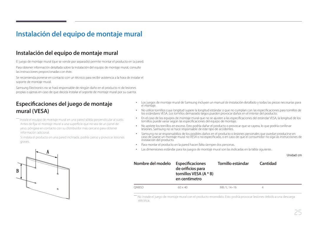 Samsung LH85QMDPLGC/EN manual Instalación del equipo de montaje mural, Especificaciones del juego de montaje mural Vesa 