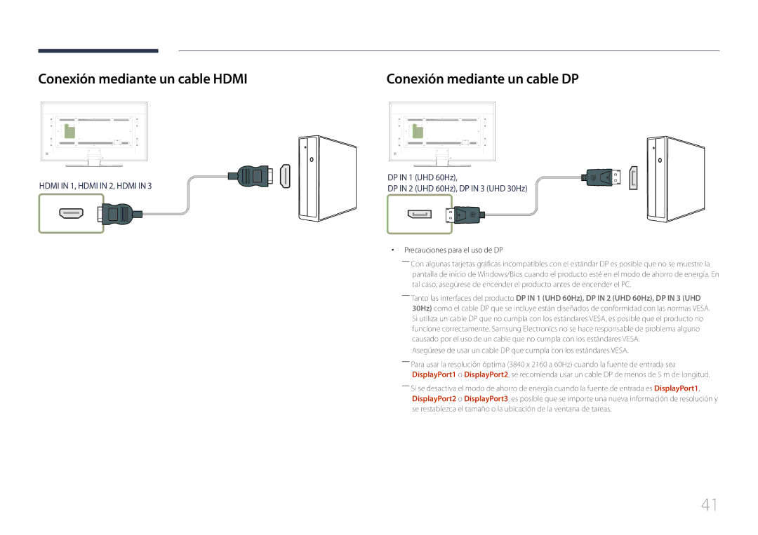 Samsung LH85QMDPLGC/EN Conexión mediante un cable Hdmi, Conexión mediante un cable DP, Precauciones para el uso de DP 