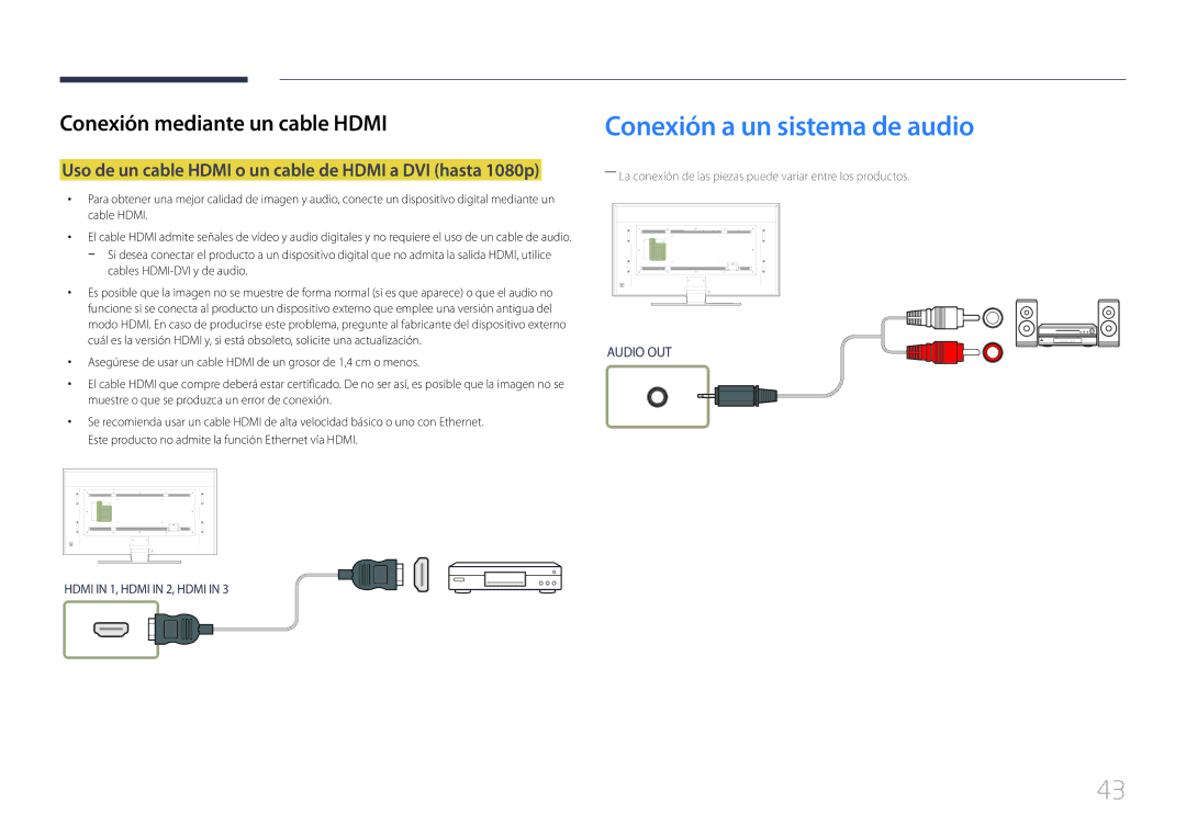 Samsung LH85QMDPLGC/EN manual Conexión a un sistema de audio, Uso de un cable Hdmi o un cable de Hdmi a DVI hasta 1080p 