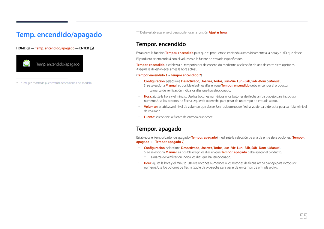 Samsung LH85QMDPLGC/EN manual Temp. encendido/apagado, Tempor. encendido, Tempor. apagado 