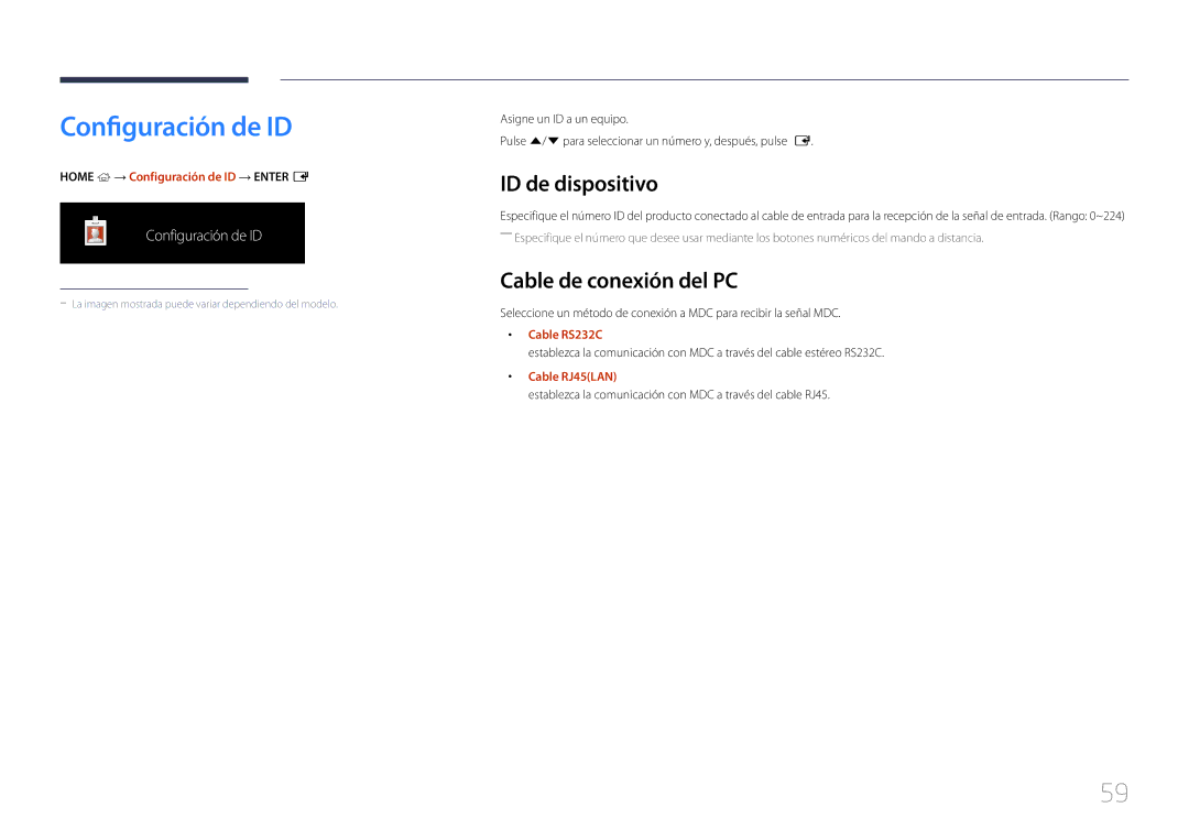 Samsung LH85QMDPLGC/EN manual Configuración de ID, ID de dispositivo, Cable de conexión del PC 