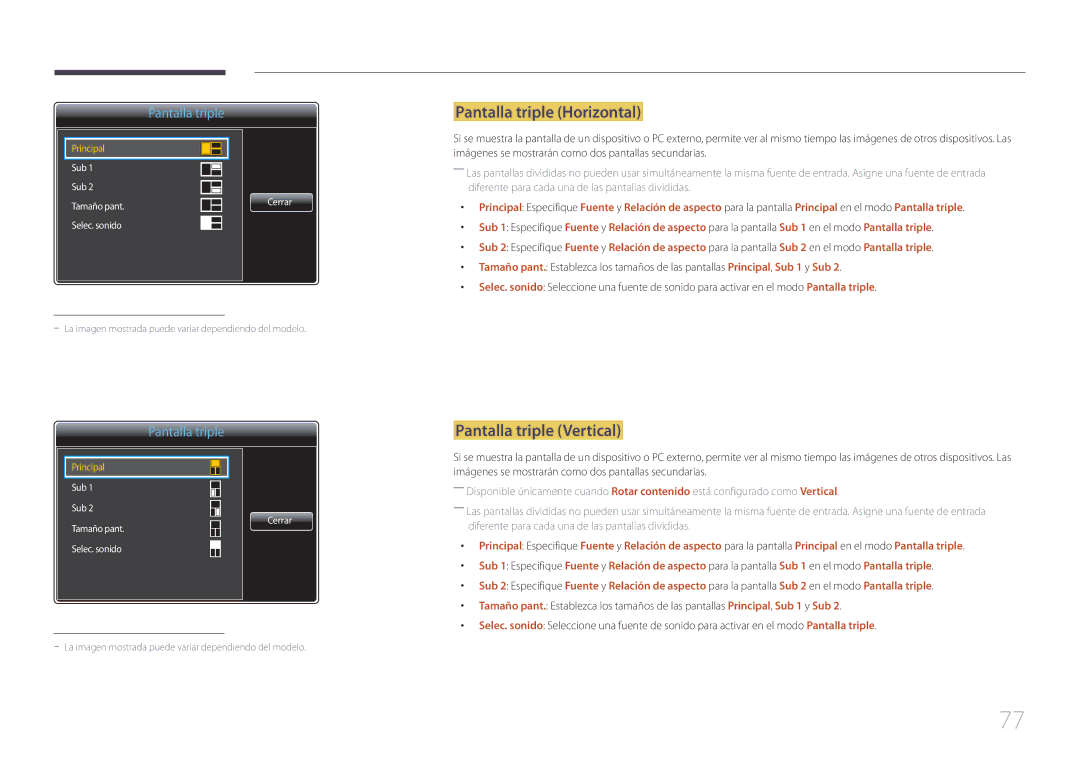 Samsung LH85QMDPLGC/EN manual Pantalla triple Horizontal, Pantalla triple Vertical 