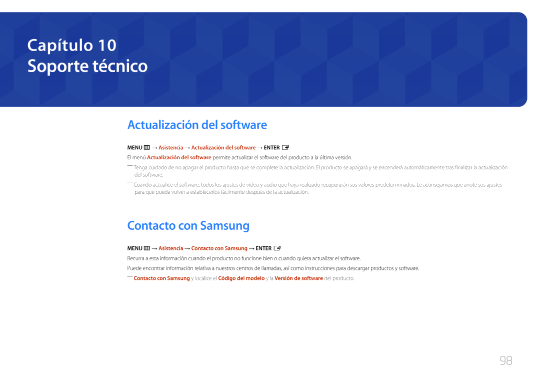 Samsung LH85QMDPLGC/EN manual Soporte técnico, Actualización del software, Contacto con Samsung 