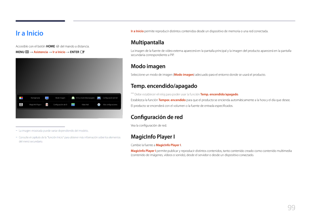 Samsung LH85QMDPLGC/EN manual Ir a Inicio, Modo imagen, Temp. encendido/apagado, Configuración de red, MagicInfo Player 