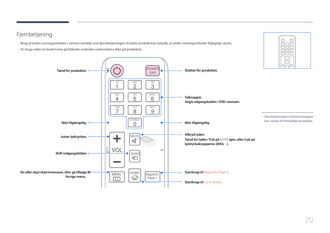 Samsung LH85QMDPLGC/EN manual Fjernbetjening, Tænd for produktet Ikke tilgængelig Juster lydstyrken, Skift indgangskilden 