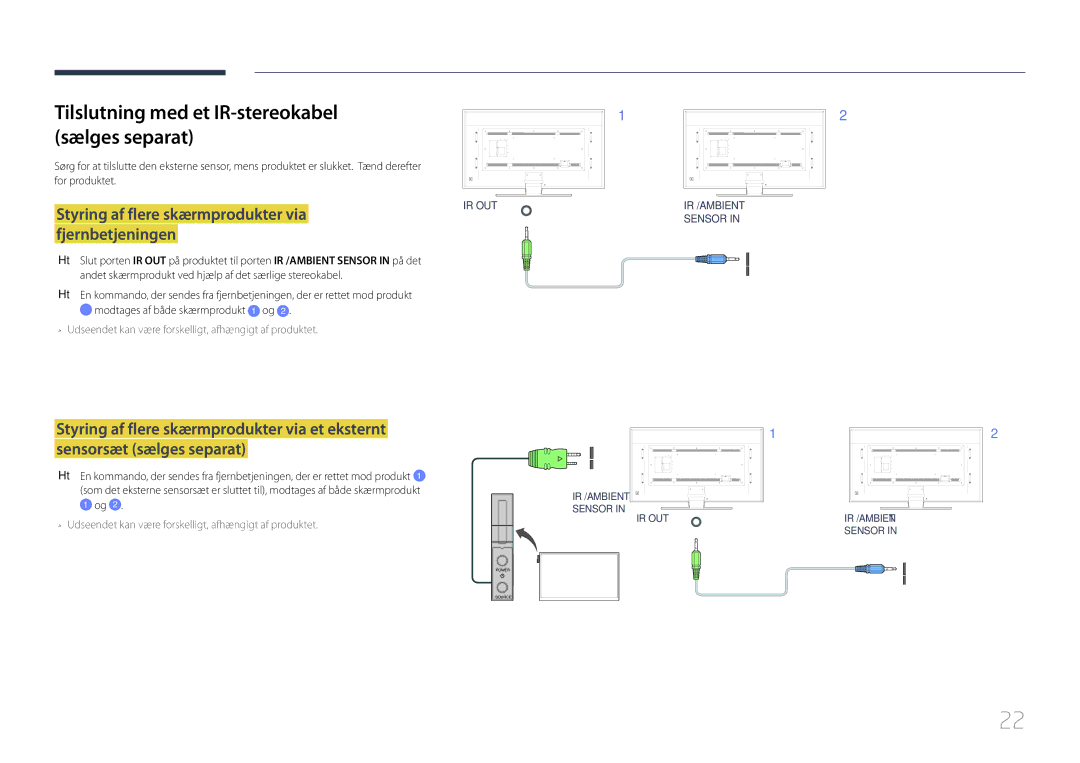 Samsung LH85QMDPLGC/EN manual Tilslutning med et IR-stereokabel sælges separat 