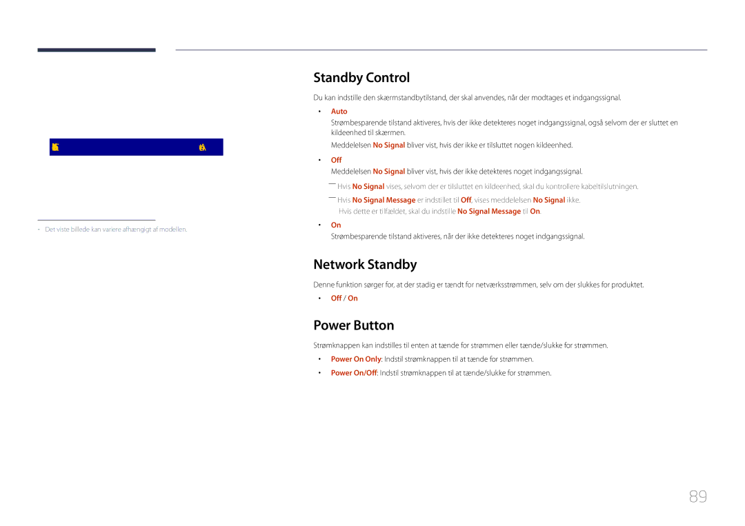 Samsung LH85QMDPLGC/EN manual Standby Control, Network Standby, Power Button, Auto Power On Off PC Module Power 