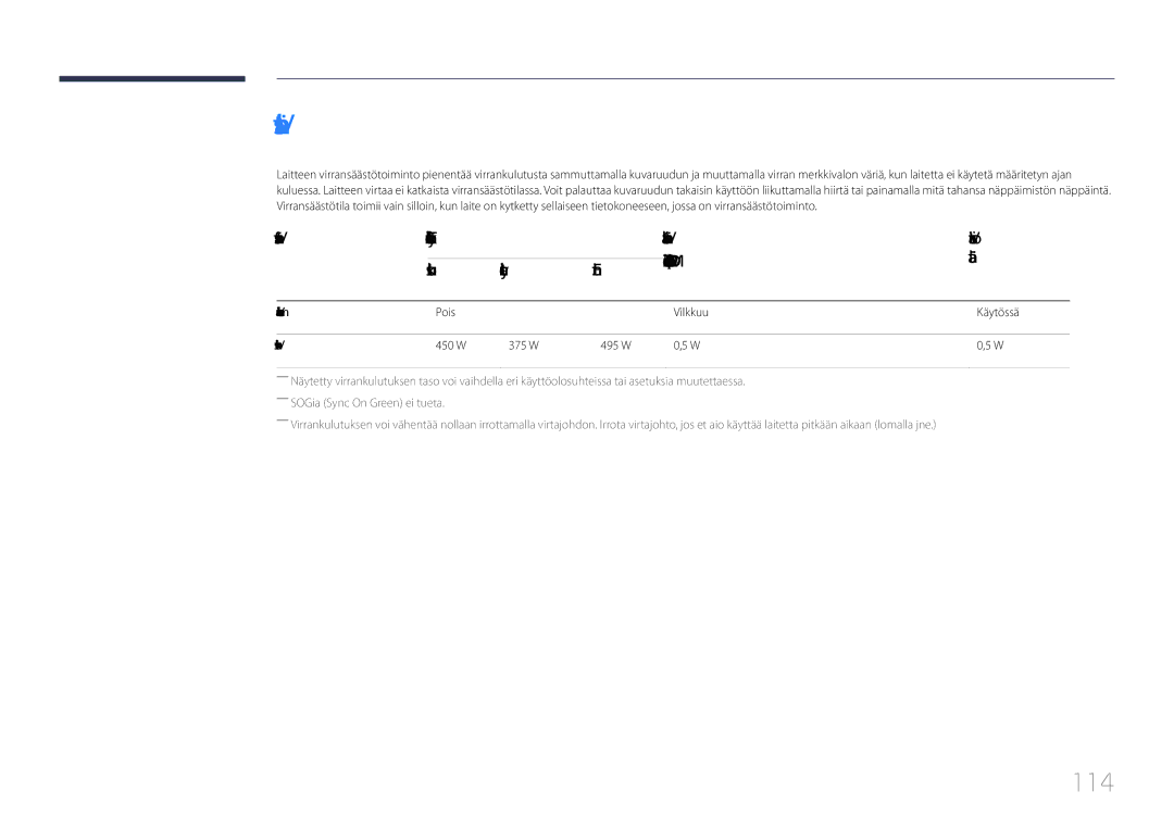 Samsung LH85QMDPLGC/EN manual Virransäästö, 114 