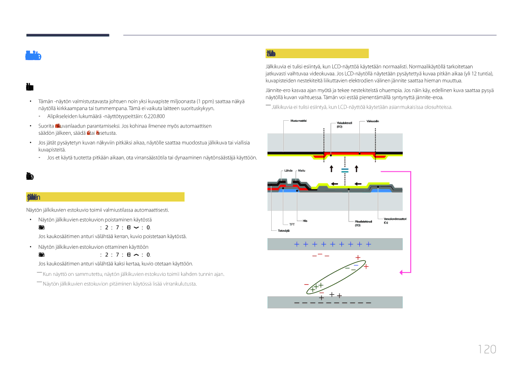 Samsung LH85QMDPLGC/EN manual 120, Ihanteellinen kuvanlaatu, Jälkikuvien esto, Näytön jälkikuvien estokuvion määrittäminen 